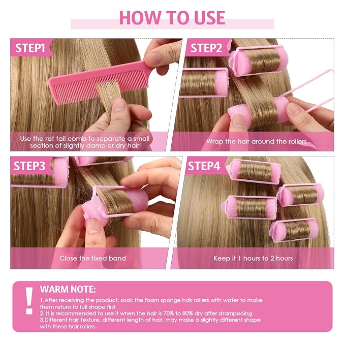 Syhood 48 Pcs Foam Hair Rollers for Overnight Styling Flexible Sponge Heatless Curlers and Rat Tail Comb for Short/long Hairs Women Hairdressing Styling(Pink,0.98 inch)