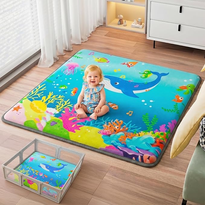 1.3" Thick Baby Play Mat for Floor, Elasti-Foam 50x50 Playpen Mat, Water Repellent Ultra Soft Coral Velvet Tummy Time Crawling Mats for Kid Toddlers Infants, Non-Slip Backing Safe for Crawling Ocean