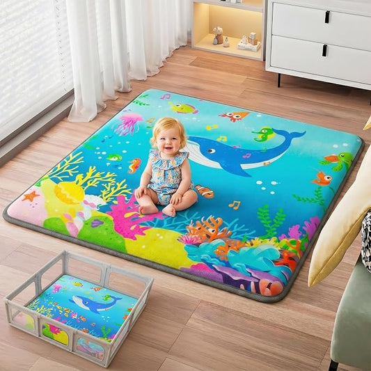 1.3" Thick Baby Play Mat for Floor, Elasti-Foam 50x50 Playpen Mat, Water Repellent Ultra Soft Coral Velvet Tummy Time Crawling Mats for Kid Toddlers Infants, Non-Slip Backing Safe for Crawling Ocean