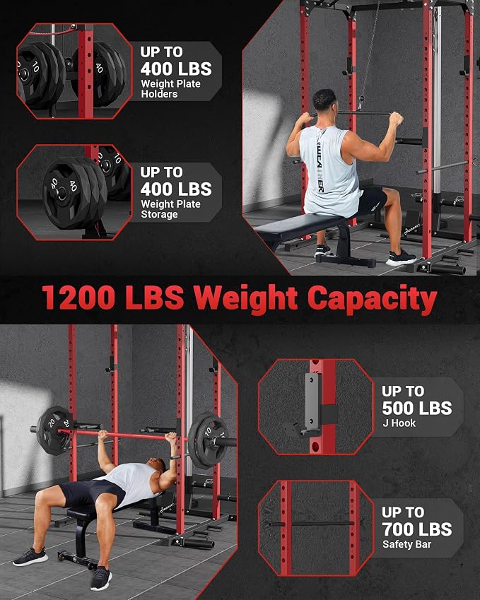 GarveeLife Power Cage, Power Racks for Home Gym with Pulley System | 1200 LBS Weight Capacity Multi-Functional Squat Rack for Strength Workout with More Training Attachment (Red D1002)