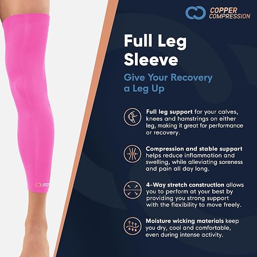 Copper Compression Leg Compression Sleeve - Copper Infused Knee Stabilizer Brace for Running, Meniscus Tear, ACL, MCL, Arthritis, Joint Pain Relief - Thigh & Calf Support for Men & Women - Pink - S