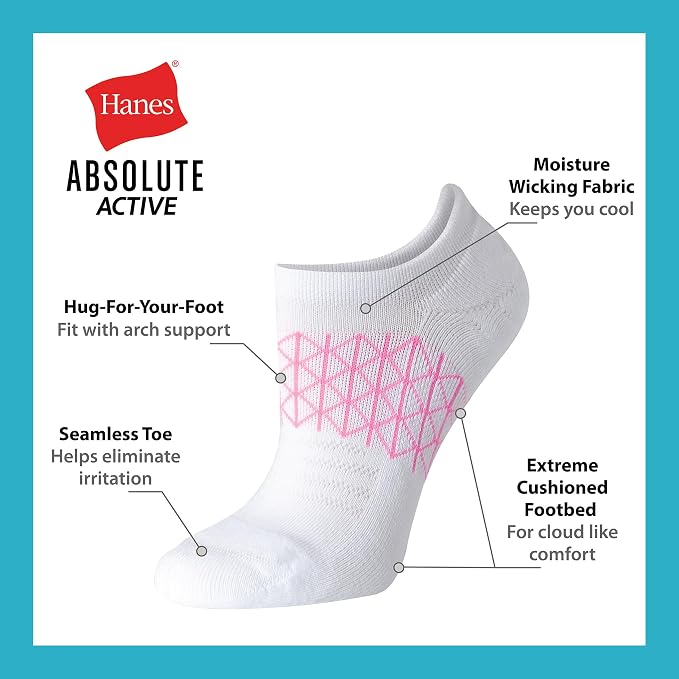 Hanes Women's Socks, 4-pack, Absolute Active Cushioned Moisture-wicking Best Women's Socks, Crew, Ankle and No Show
