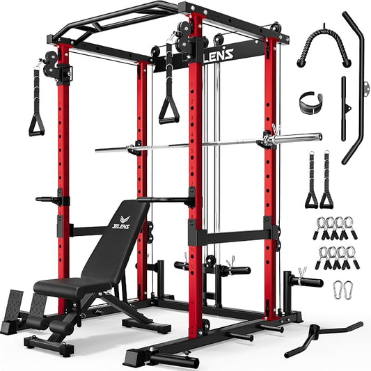 JELENS C12 Power Rack, 2000LBS Squat Rack with Cable Crossover System, Workout Cage with More Training Attachments for Home Gym