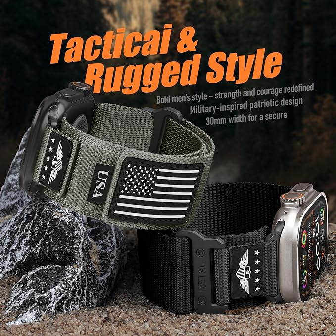 Rugged Nylon for Apple Watch Ultra 2/ Ultra 3 Band Series 11/10/9/8/7/6/5/4/3/SE iWatch Bands Men,Soft Woven Stars-Stripes Flag Wristbands Strap for Apple Watch Ultra 3/2/1 49mm 46mm 45mm 44mm 42mm
