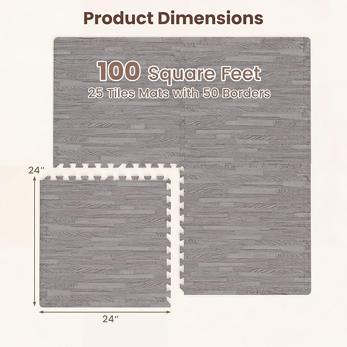 Giantex 25 Pcs Faux Wood Grain EVA Foam Tiles, 24"x24" Interlocking Floor | 100 Sq. Ft Puzzle Exercise Mats with 50 Borders, 0.4" Thick Waterproof Anti-Slip Flooring for Home Gym, Basement, Gray Oak