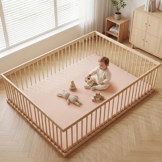 Huloo Sleep Baby Play Mat 74x50 Inches, 1.3" Thick Padded Waterproof Floor Cushion & Playpen Mat with Vegan Leather, Non-Slip & Non-Toxic Nursery Rug for Infants, Toddlers & Kids(Pink)