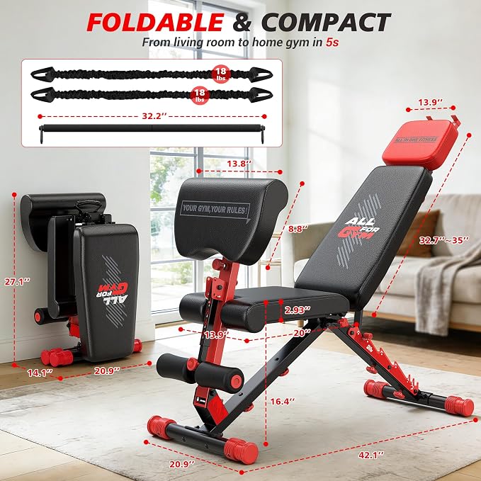 XDDIAS Workout Bench, Foldable Weight Bench with Variable Resistance Training Set, 880LBS Adjustable Bench with Leg Extension, Preacher Curl, Extended Headrest, Incline Decline Flat Bench for Strength Training