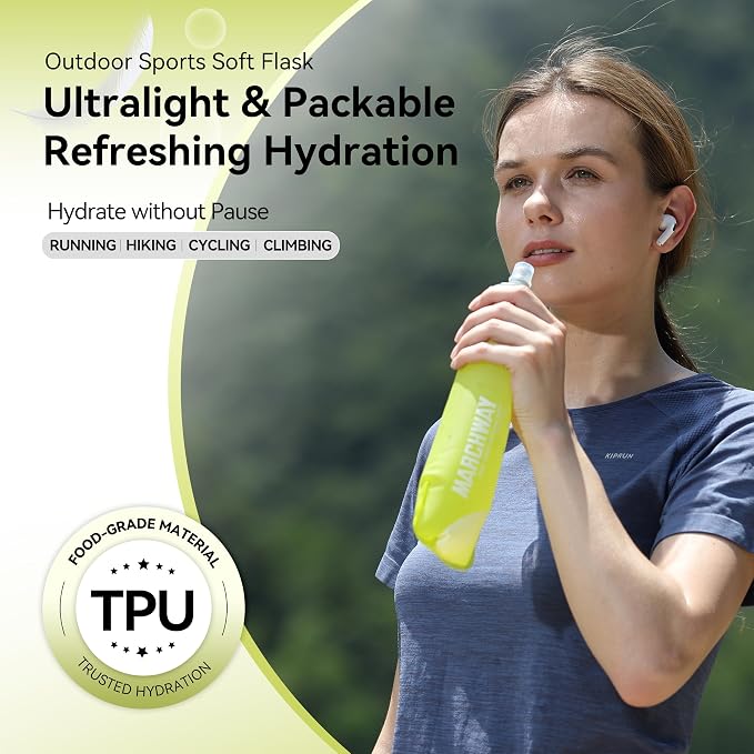 MARCHWAY Soft Hydration Flask with Wide Mouth, 300ml/500ml Collapsible TPU Water Bottle, Leakproof Portable Flexible for Running, Hiking, Cycling, Climbing, Gym, Travel (2pcs Yellow 500ml)