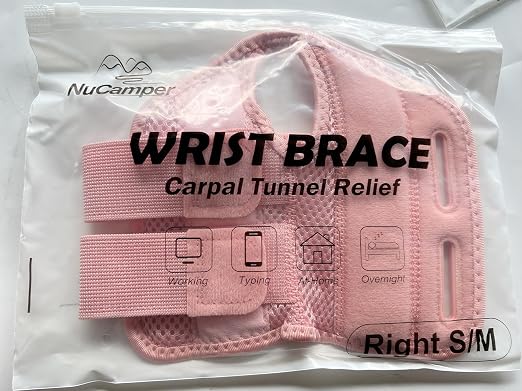 NuCamper Wrist Brace for Carpal Tunnel Night Wrist Support Right Hand Pink | Wrist Splint for Men Women, Tendonitis Arthritis Pain Relief,Adjustable Compression Hand Braces, Sleeping, Office Work Typing
