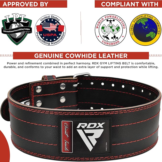 RDX Weight Lifting Belt for Men Women, IPL USPA Approved, 6mm Thick 100% Leather, 4” Powerlifting Back Support, Squat Deadlift Bodybuilding Exercise Fitness Gym Workout Strength Training up to 700 LBS