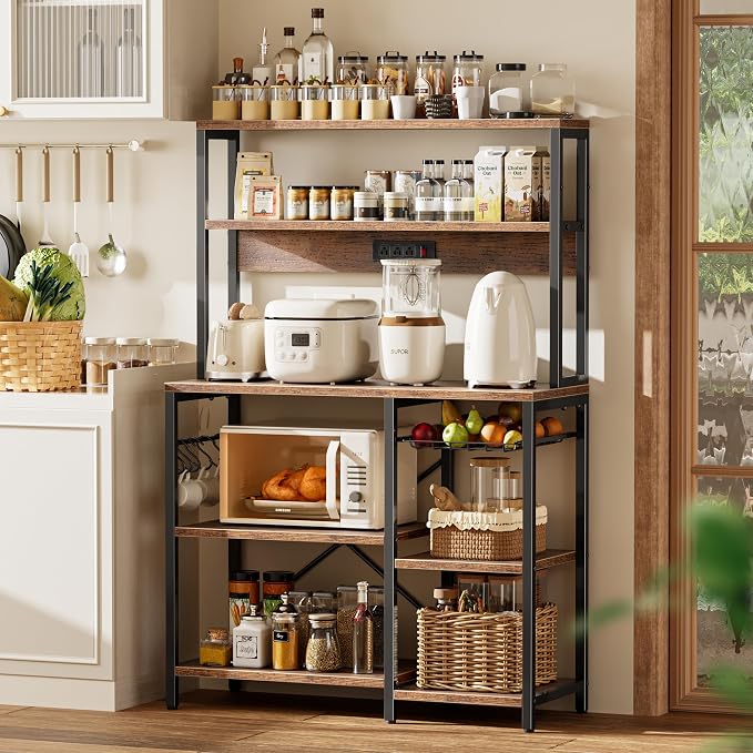 SUPERJARE Bakers Rack with Power Outlet, 35.4 Inches Coffee Bar with Basket | Kitchen Microwave Stand with 13 S-Shaped Hooks, Open Storage Shelves, Rustic Brown