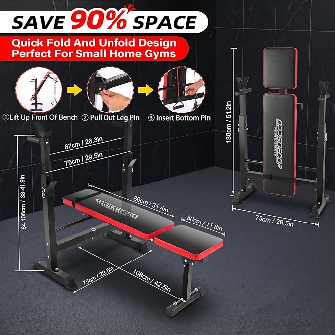 OPPSDECOR 900LBS Weight Bench Set for Home Gym, 6-in-1 Foldable Bench Press Set with Leg Extension, Leg Curl, Preacher Curl Pad, Barbell Rack, Squat Rack for Full Body Workout, Strength Training
