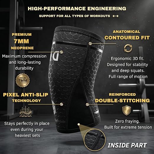 Knee Sleeves 7mm for Weightlifting, Squats, Fitness, Powerlifting, with Advanced 2025 Anti-Slip Design, Premium Neoprene, Constant Compression Brace, Gym Training Support - 1 PAIR - Men Women – DEVI (Black, Medium)