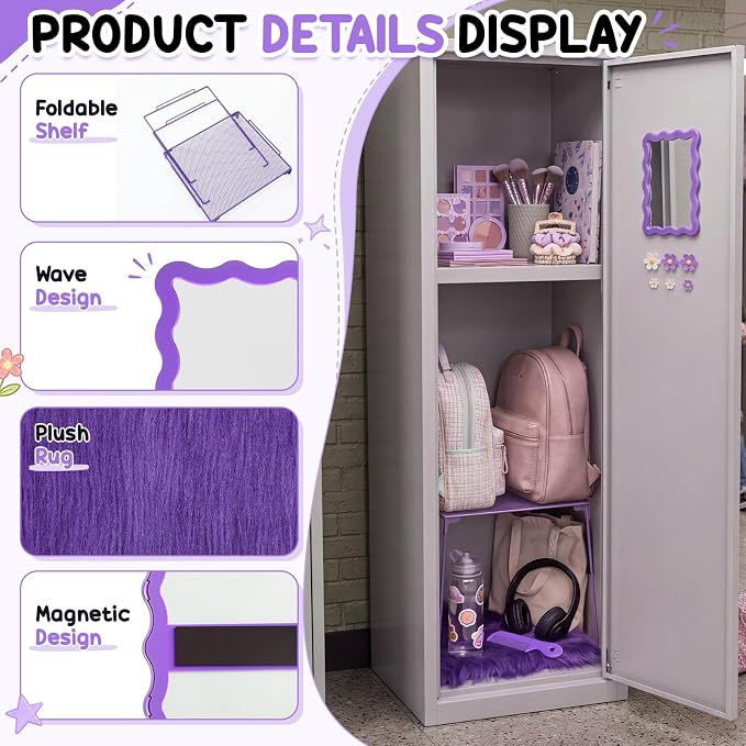 RattanView 10 Pcs Locker accessories Kit Magnetic Acrylic Mirror Plush Rug Small Comb 6 Flower Magnet Locker Organizer for Back to School Teen Student Girl Office Work Lockers Decoration Gift(Purple)