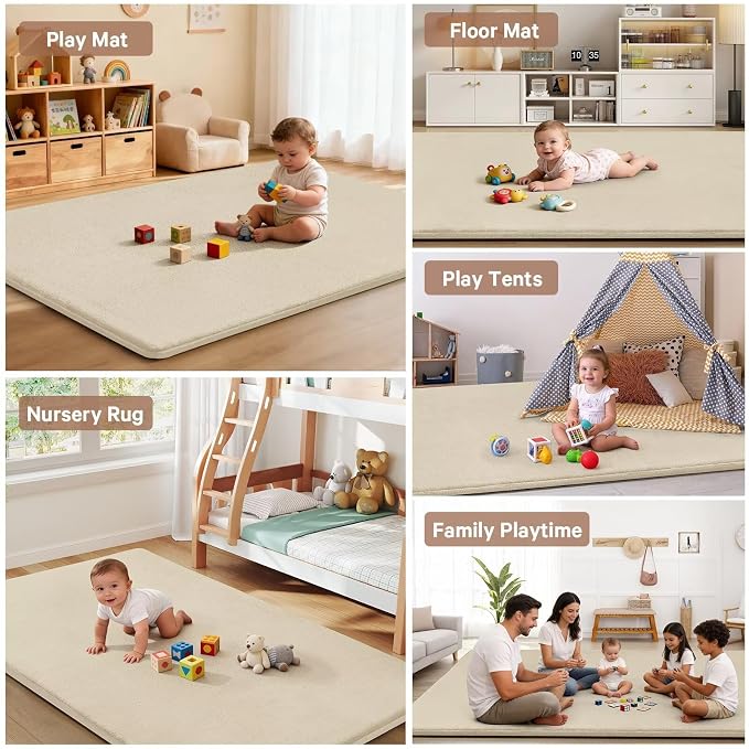 Baby Play Mat for Floor,Ultra Thick Elastic Foam 71"x79" Playmat Tummy Time Muscle Crawling Exercise Activity Cushion Gym Mat Nursery Playroom Area Kids Rug for Babies, Toddlers,Infants,Beige