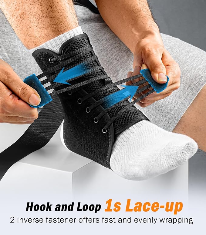 Slim-Fit Ankle Brace for Sprained Ankle, Quick Lace Up Ankle Support for Women Men with 2 Auto-Shaped Pads, Air Fabric Cool Ankle Stabilizer for Injury Recover, Running,Sports, L(13”-14”)