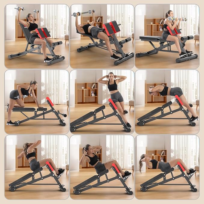 K KINGKANG Weight Bench,Load 1000LBS Roman Chair for Home Gym | Multi-Function Adjustment(10+7+4+4),for Bench Press/Sit-up/Back,Carbon Steel Frame with 2 Rear Wheels