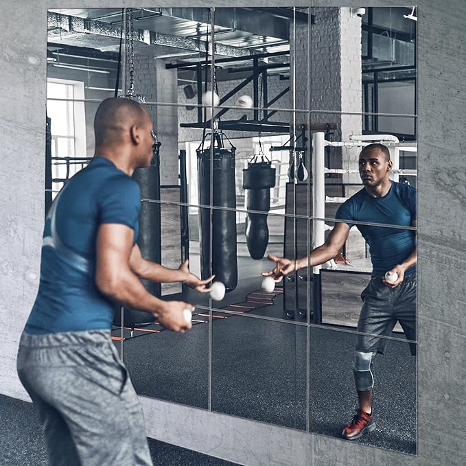 EVENLIVE® Gym Mirrors for Home Gym Self-Adhesive Tiles 16-Pack 12x12inch | Real glass wall tiles, frameless Home gym accessory for doors, ceilings, candle trays, wedding centerpieces Stick-on design
