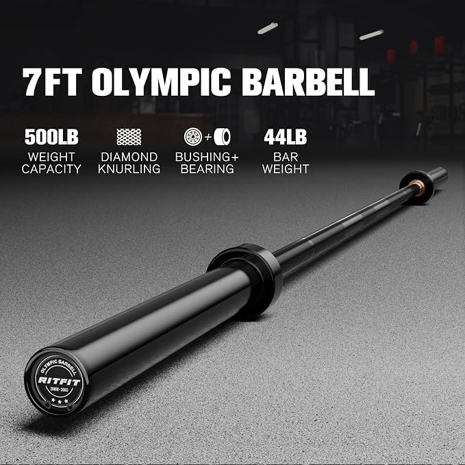 RitFit Elite 7ft Olympic Barbell, Robust 45lb Barbell for Weightlifting and Powerlifting, Superior Olympic Bar with Exceptional 500lbs Load Capacity, Weight Bar for 2” Standard Plates