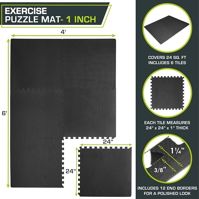 ProsourceFit Weaved Pattern Extra Thick Exercise Puzzle Mat 1-inch, EVA Foam Interlocking Tiles for Protective, Cushioned Flooring for Home and Gym Equipment; Black, 24 SQ FT, 6 Tiles
