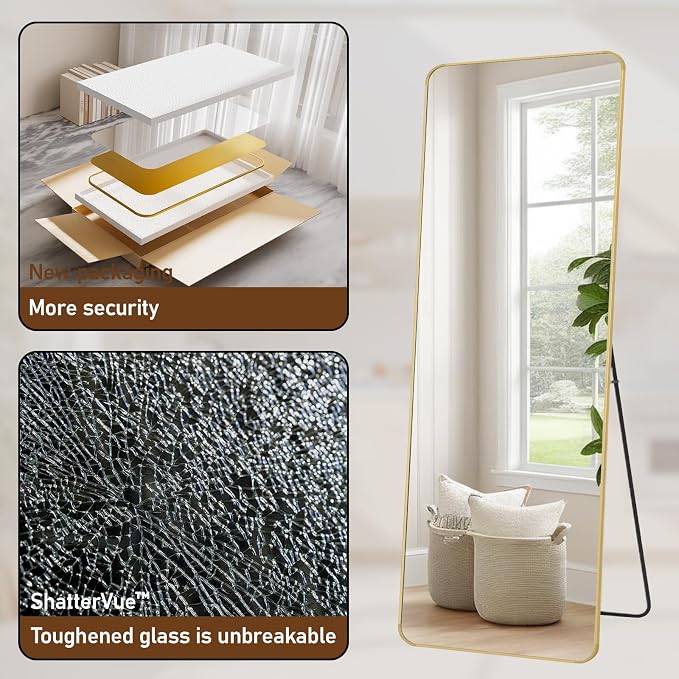 BEAUTYPEAK 65" x 24" Rounded Corner Full Length Mirror with Stand, Gold | Aluminum Alloy Frame with Standing, Leaning, or Wall-Mounted, Ideal for Bedroom, Dressing Room, Entryway, and Living Room