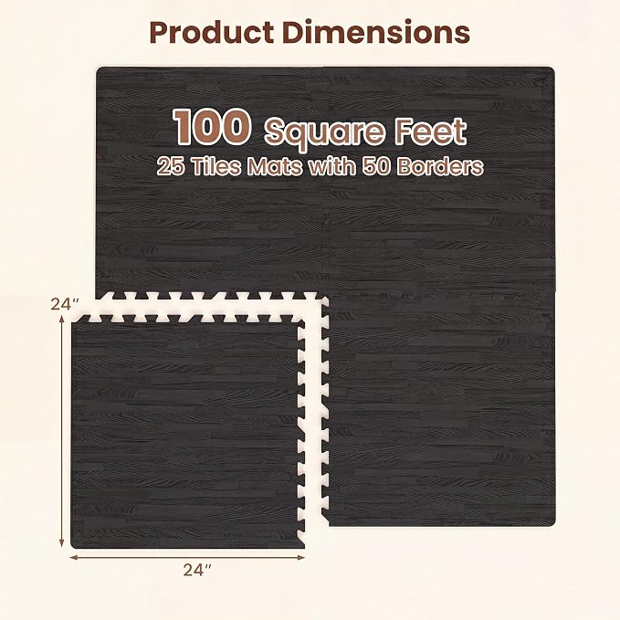 Giantex 25 Pcs Faux Wood Grain EVA Foam Tiles, 24"x24" Interlocking Floor | 100 Sq. Ft Puzzle Exercise Mats with 50 Borders, 0.4" Thick Waterproof Anti-Slip Flooring for Home Gym, Basement, Black