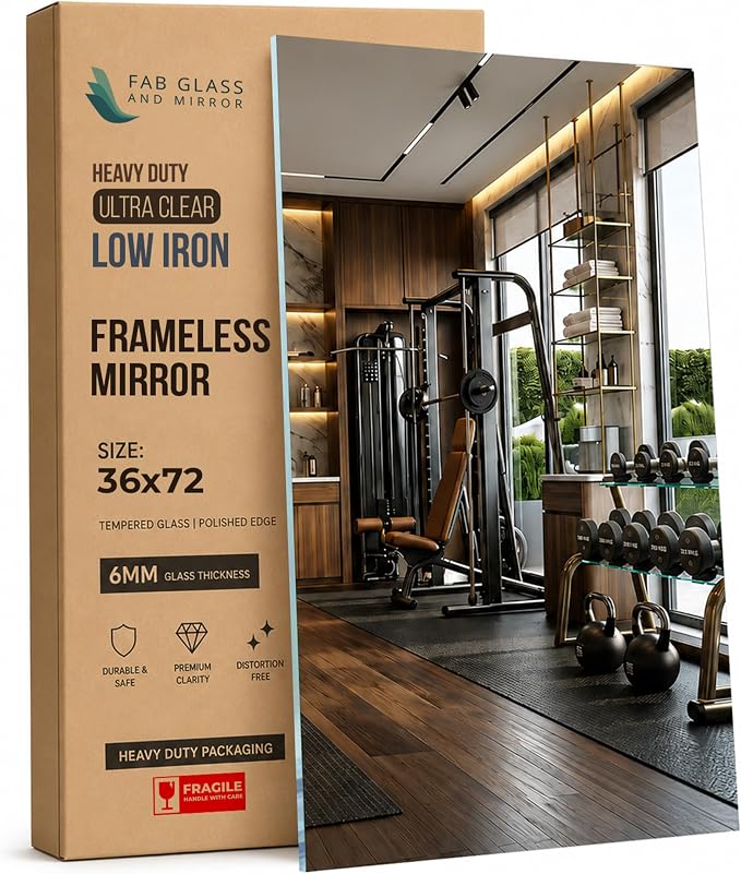 Fab Glass and Mirror Large Gym Mirror for Home Gym 36x72 - Full Length HD Tempered Glass Wall Panel - Professional Workout Display with Safety Backing - 1/4 Inch Commercial Grade