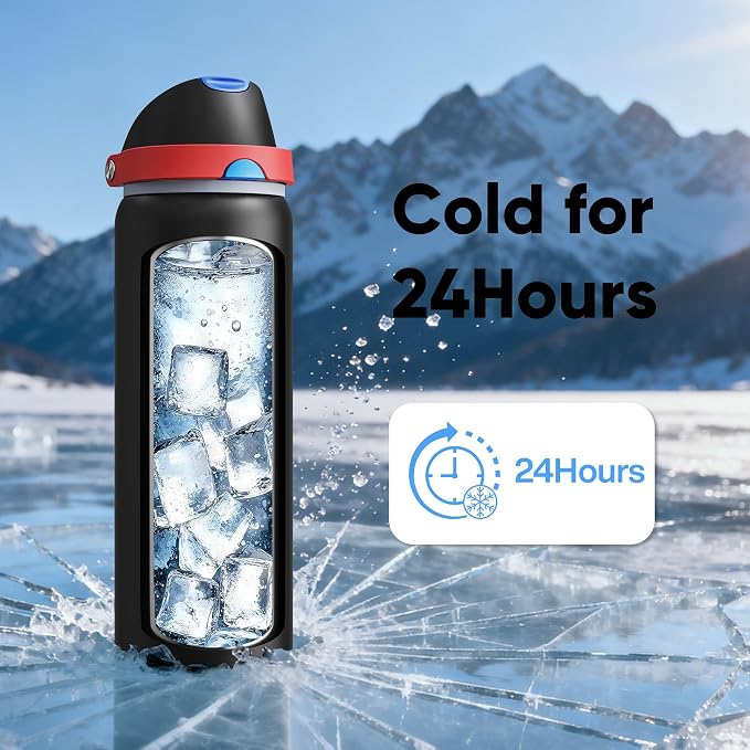 Insulated Water Bottle with Straw - Encool Stainless Steel Water Bottle with Push Button Lid, Leak-Proof & BPA-Free, Keeps Cold for 24 Hours for Sports, Travel, Gym (32 oz, Oil Black)
