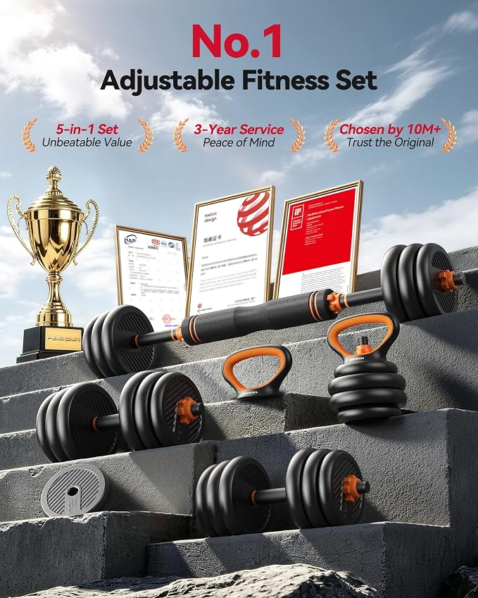 FEIERDUN DS2 Adjustable Dumbbells, 20/30/40/45/70/90lbs Free Weight Set with Connector, 5 in1 Dumbbells Set Used as Barbell, Kettlebells, Push up Stand, Weight Plate, Fitness Exercises for Home Gym Suitable Men/Women