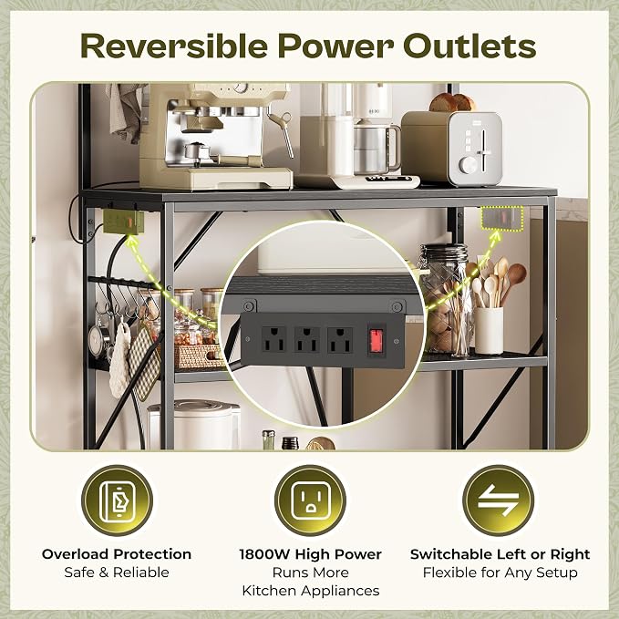 Huuger 4-Tier Bakers Rack with Reversible Power Outlet, 31.5 Inch Microwave Stand, Kitchen Coffee Bar, with Top Shelf, 6 S Hooks, Black