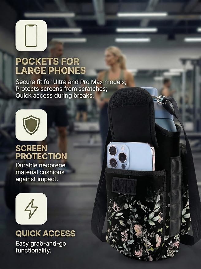 Magnetic Gym Bag,Magnets Gym Water Bottle Bag Carrier Holder with Pockets & Strap Fit for 18 to 40 oz Owala Hydro Flask Yeti, Gym Accessories for Men Women,Walking, Hiking