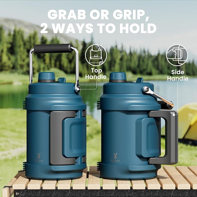 64 oz Insulated Water Bottle for Gym: Meoky Triple Wall Vacuum Stainless Steel Half Gallon Water Jug - Top and Side Handles, 2-in-1 Straw and Spout Lid, Cold for 36 Hrs, Leak Proof for Camping (Denim)