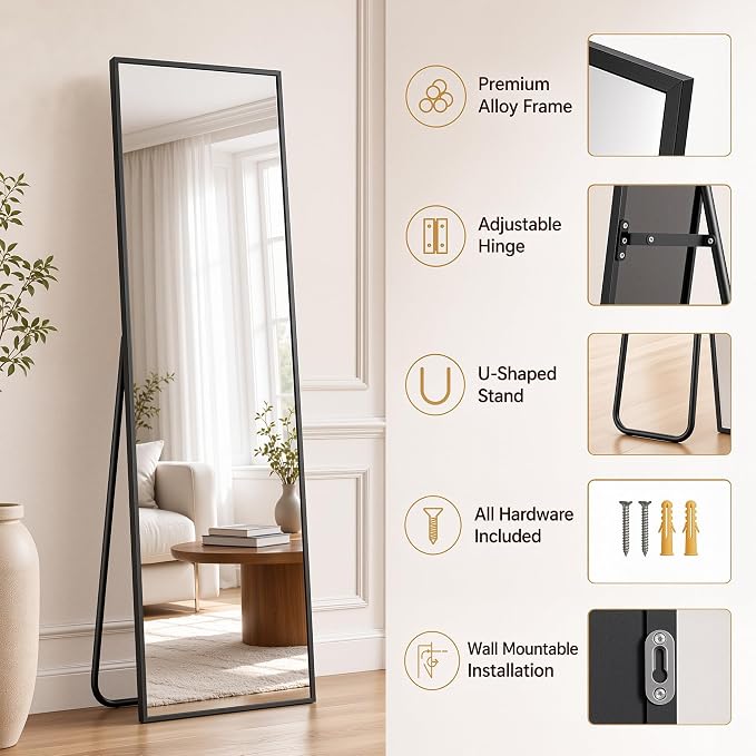 Antok Full Length Mirror, 71"x28" Floor Mirror, Floor Standing Freestanding Full Body Mirror with Stand for Bedroom, Hanging Mounted for Living Room Cloakroom, Black
