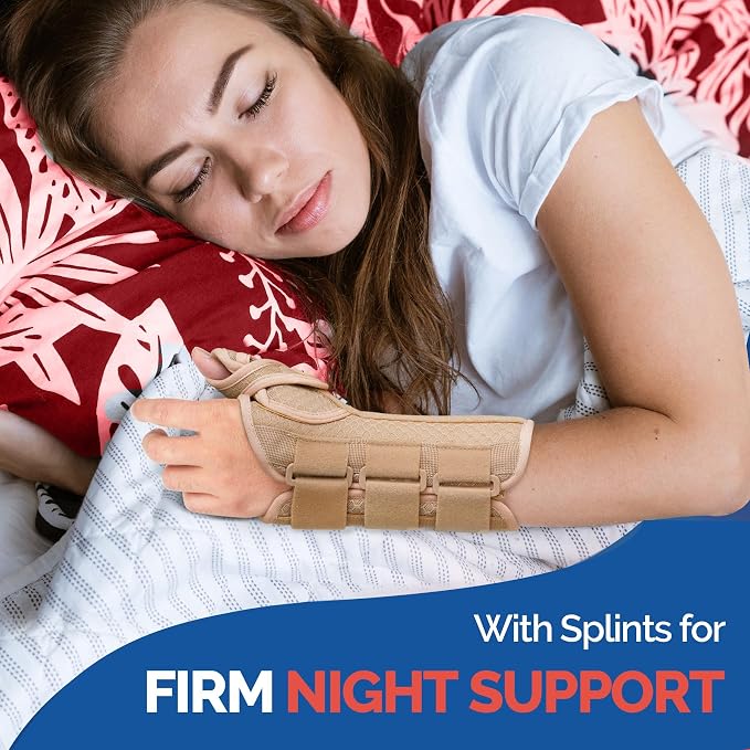 FEATOL Carpal Tunnel Wrist Brace Night Support, Thumb Spica Splint Right Hand for De Quervains Tenosynovitis, Tendonitis, Thumb Brace for Women Men, Beige, Medium/Large
