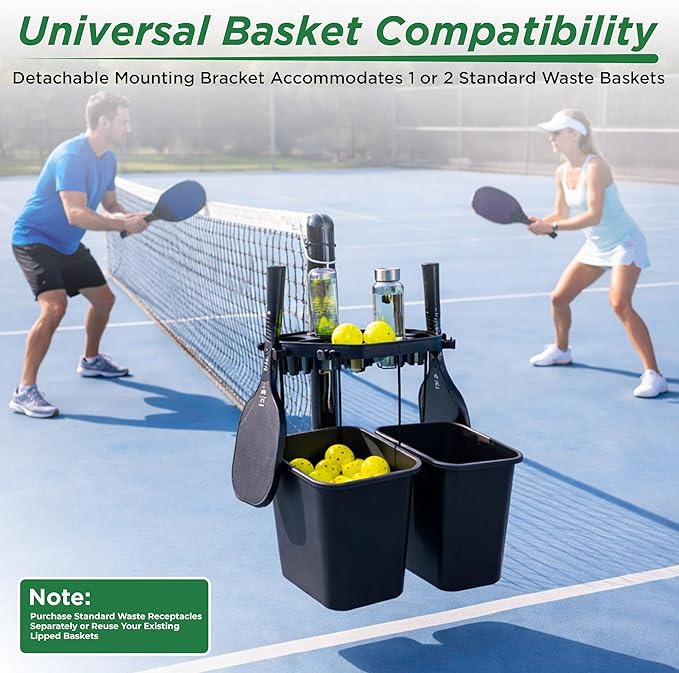 Grand Slam Court Caddie - Tennis and Pickleball Court Organizer for Fence and Net Post - Cup Holders, Phone Storage, Ball Slots, Racquet Hooks and Dual Waste Basket Mount - Weather-Resistant