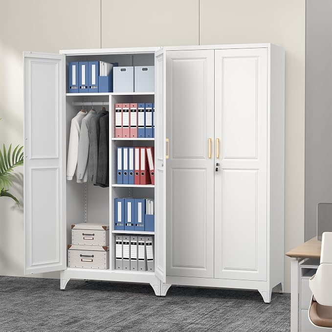 Polup 71" Tall Metal Armoire Wardrobe Closet with Doors and Lock | Wardrobe Cabinet, Hanging Rod, 3 Adjustable Shelves, Steel Clothing Storage Cabinet for Bedroom, Office, Employee, Gym, White