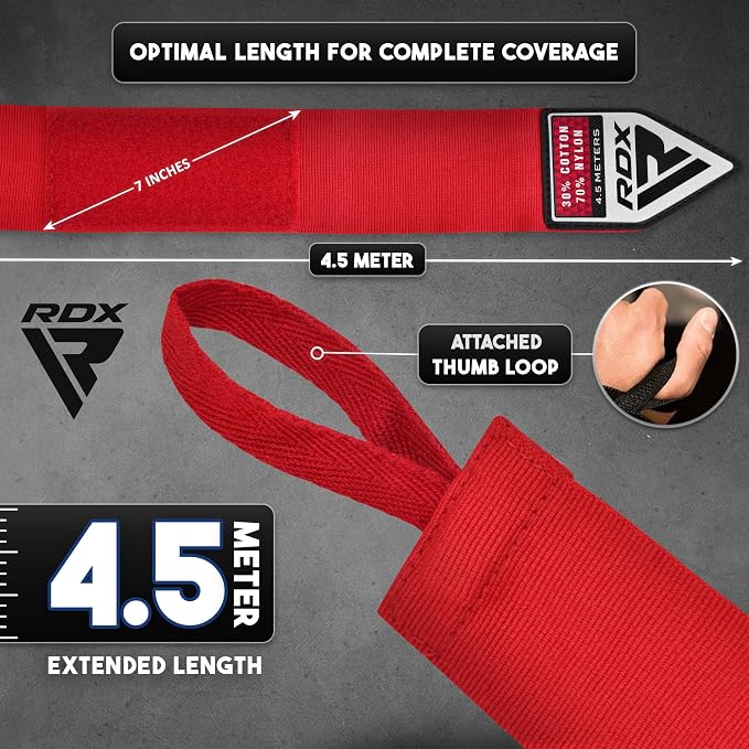 RDX Boxing Hand Wraps 4.5M / 180 Inches – Mexican Style Semi-Elastic MMA Inner Gloves - Wrist Support for Muay Thai, Kickboxing, BJJ, Karate - Thumb Loop & Hook and Loop Closure - Cotton & Nylon Blend