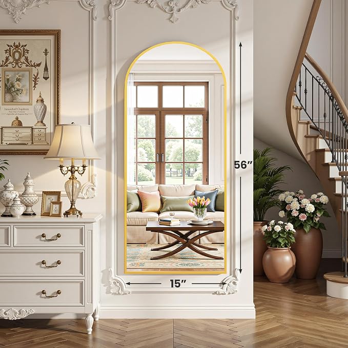 OLIXIS 56"x15.5" Arched Full Length Gold Mirror for Bedroom | Full Body Mirror with Stand, Hanging or Leaning for Wall, Aluminum Alloy Thin Frame Floor Standing for Living Room, Long