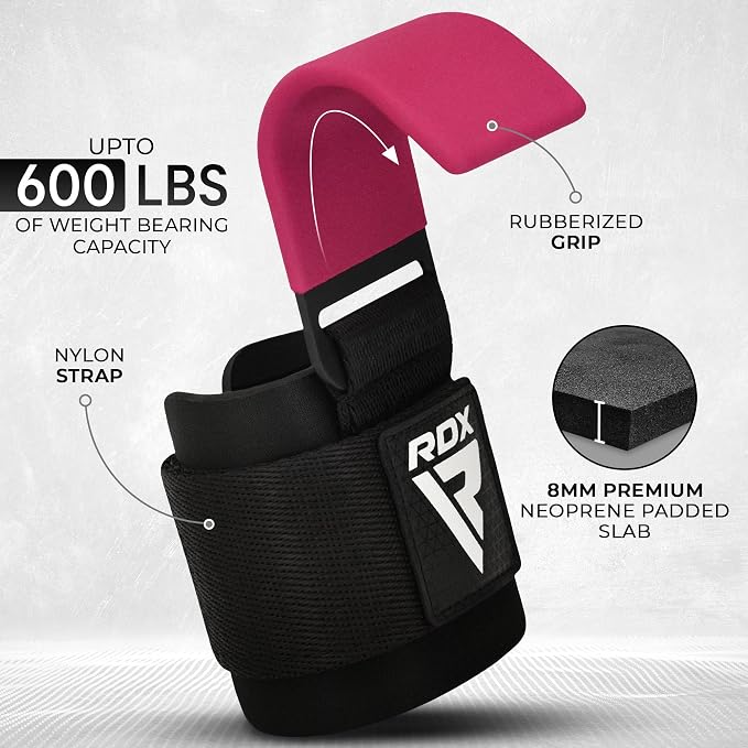 RDX Weight Lifting Hooks for Deadlifting (Pair) - 600Lbs Capacity - 8MM Neoprene Wrist Support Wraps - Grip Enhancer for Pull Ups Lat Pulldowns Rows - Adjustable Gym Workout Power Straps for Men Women