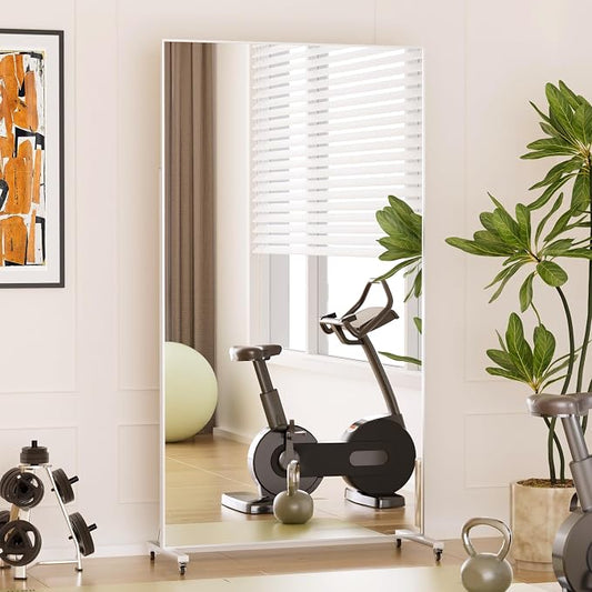 Large Rolling Mirror 71" x 40" Shatterproof Tempered Glass Easy to Move Full-Length Mirror for Gym/Dance Studio/Yoga Room/Home, White