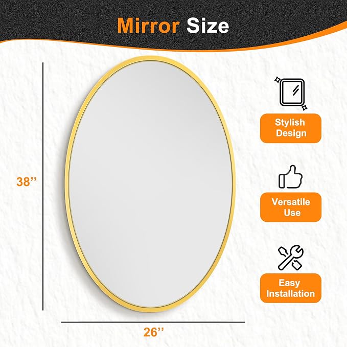 Oval Bathroom Vanity Mirror for Wall, 38''x26'' Gold Oval Bathroom Mirror for Over Sink, Bedroom, Living Room, Entryway, HD Tempered Glass, Wall Mounted Horizontally or Vertically
