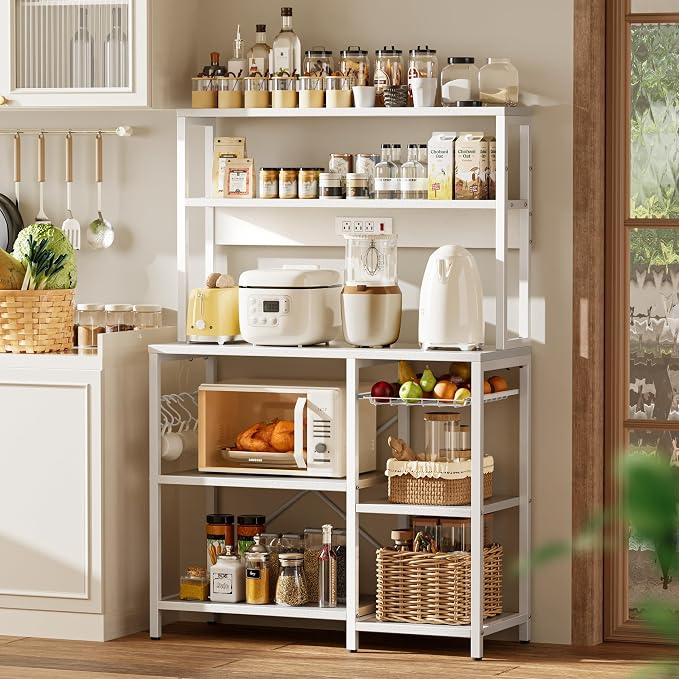 SUPERJARE Bakers Rack with Power Outlet, 35.4 Inches Coffee Bar with Wire Basket, Kitchen Microwave Stand with 6 S-Shaped Hooks, Open Storage Shelves, White
