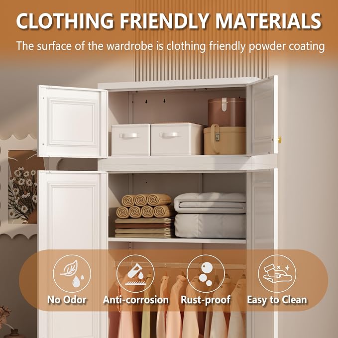 Polup 15" High White Metal Wall Cabinet, Overhead Closet Storage Unit | Modular Steel Top Extension for 71" Armoire Wardrobe, 2 Doors, 180lbs Capacity Single Space, Mounting Hardware for Bedroom