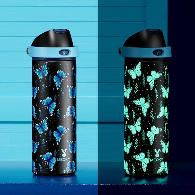 24 oz Insulated Water Bottle for Women: Meoky Glow in the Dark Water Bottle with 2-in-1 Straw and Spout Lid - Leak Proof, Cold for 24 Hours, Fits in Car Cup Holder, BPA-Free for Sports Travel, Moonlit