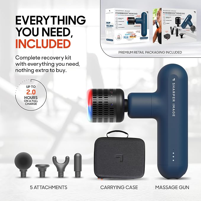 Sharper Image Deep Tissue Percussion Massage Gun, Powerboost Move Evo Hot & Cold Rechargeable Handheld Massager, 4 Adjustable Speeds, 5 Attachment Heads & Carrying Case, for Muscle Pain Relief, Blue