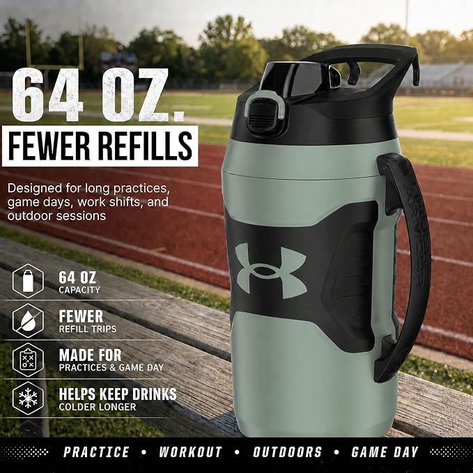 Under Armour Insulated Water Bottle with Handle & Fence Hook, Half Gallon Sports Water Jug, Leak-Resistant & BPA-Free for Baseball, Football & Gym - Silica Green/Silica Green, 64oz