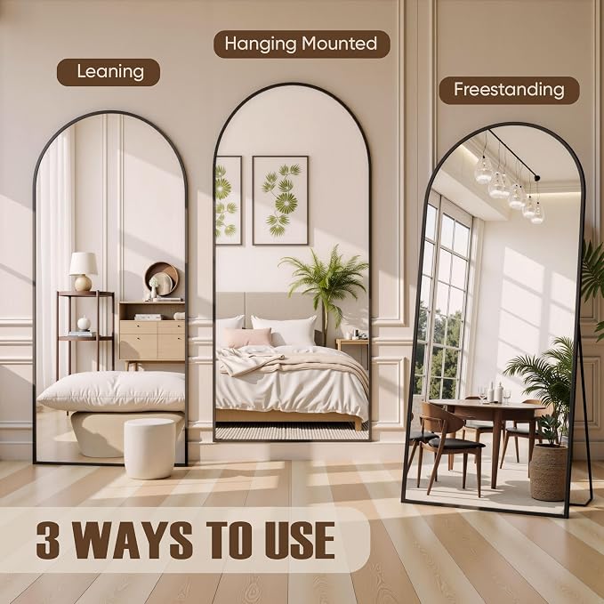 Floor Mirror, 90"x46" Oversized Full Length Mirror with Stand, Arched Full Body Mirror Standing Hanging Leaning Against Wall, Aluminum Frame Giant Mirrors for Bedroom Cloakroom, Black