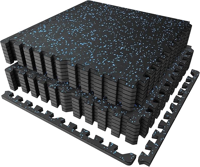 PRAISUN 0.56" Rubber Top Gym Flooring, Heavy Duty Interlocking Gym Mats for Home Gym, Non-Slip Workout Mat, 24 x 24in Large Gym Floor Mat, Protect Floors from Weights & Equipment, 48 Sq Ft, Black/Blue