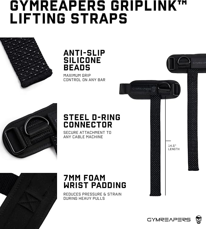 Gymreapers GripLink Lifting Straps – Heavy Duty D-Ring Weight Lifting Wrist Straps with Anti-Slip Silicone Grip Beads, Adjustable Support for Deadlifts, Powerlifting, Cable Machines & Gym Training