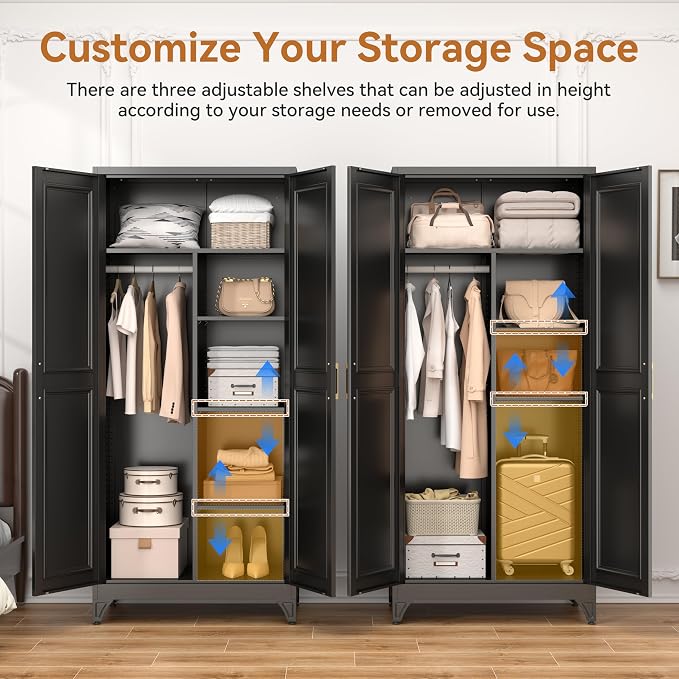 Polup Metal Armoire Wardrobe Closet, 71" Tall Wardrobe Cabinet with 2 Doors | Heavy Duty Steel Clothing Storage Cabinet with Hanging Rod & 3 Adjustable Shelves for Bedroom, Office, Broom Closet, Black